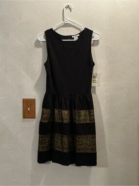 NWT Bar 111 Women’s Black Dress with Gold Textured Stripe Skirt. Size Medium.